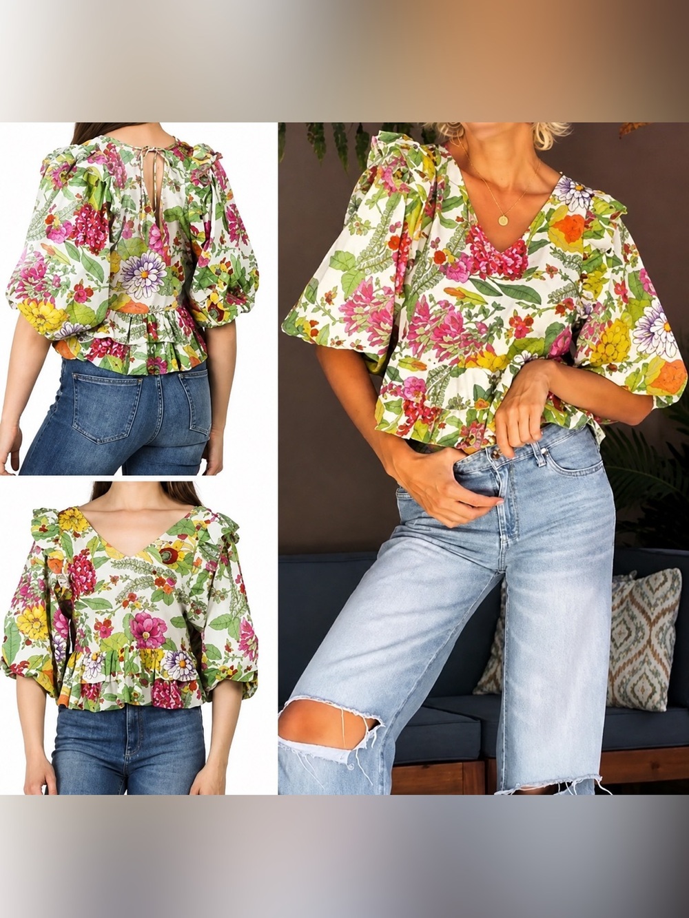 LOVE THE LABEL Mitzie Floral Puff Sleeve Peplum Blouse Anthropologie L